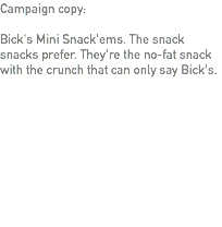 Campaign copy: Bick's Mini Snack'ems. The snack snacks prefer. They're the no-fat snack with the crunch that can only say Bick's.